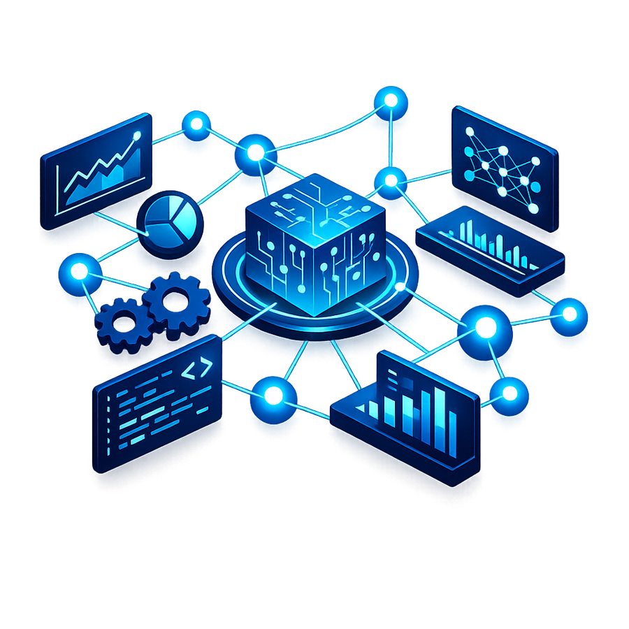 Illustration of an AI automation network with connected dashboards and data